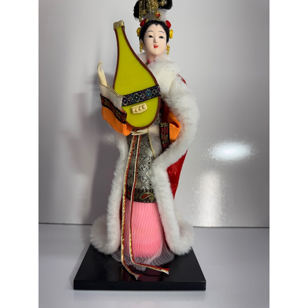 Vintage Chinese Geisha Doll Red Silk Faux Fur Robe Pipa Lute Ornate Headdress